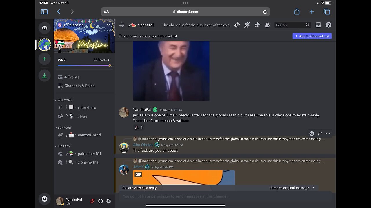 r/Palestine Bans Me For: “Jerusalem, Mecca, & Vatican are headquarters for the global satanic cult”