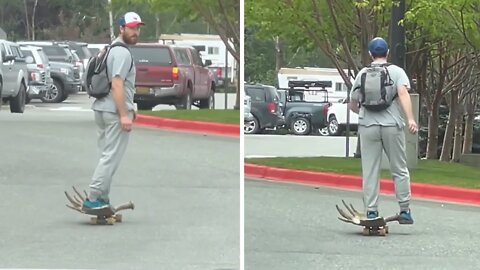 Only in Alaska do they ride skateboards with moose antlers