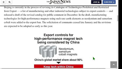 The Japan News : 中國計劃禁止出口稀土磁鐵技術