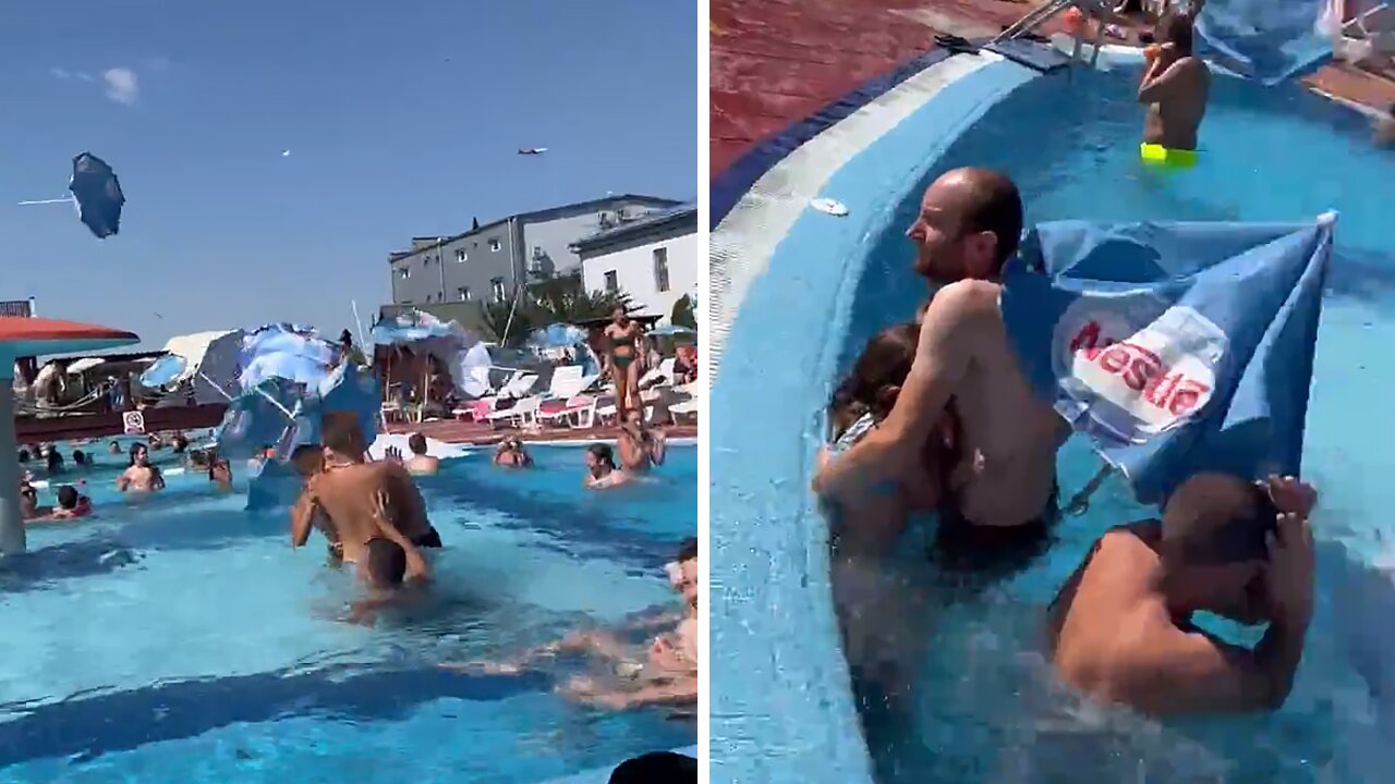 Flying Umbrellas In The Wind Wreak Havoc At The Pool