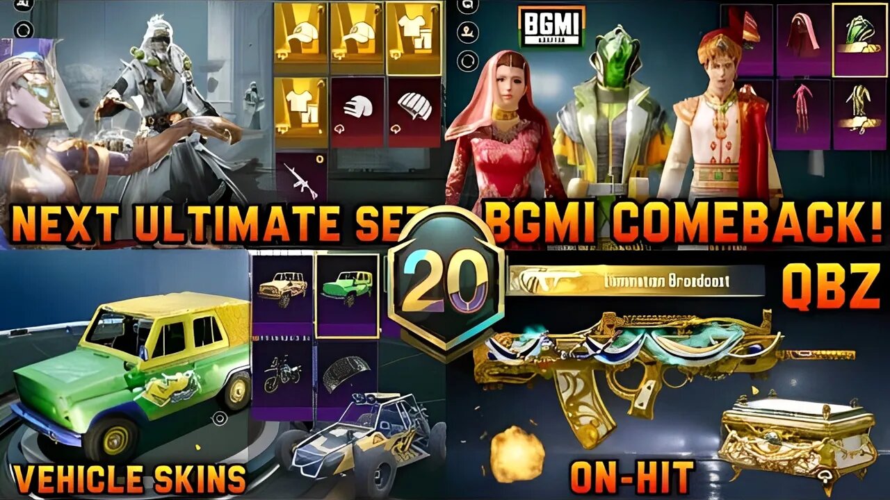 NEXT ULTIMATE SET | BGMI COMEBACK SETS | QBZ UPGRADE SKIN ON-HIT EFFECT | UPCOMING SETS & VEHICLES 🥰