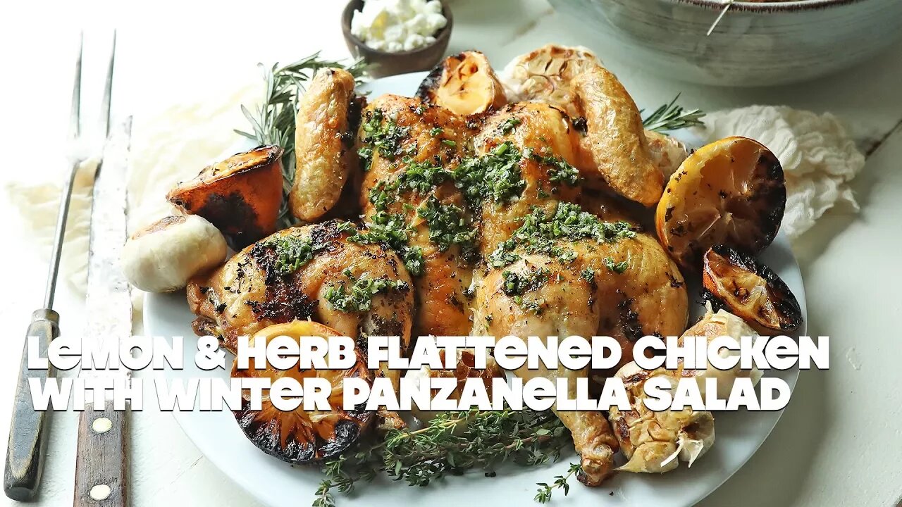 Lemon Herb Flattened Chicken with Root Vegetable Panzanella Salad