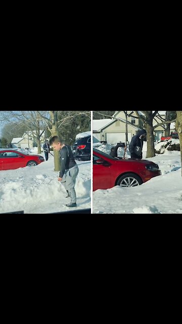 Compassionate kid helps elderly neighbor shovel snow