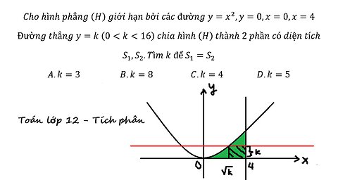 Cho hình phẳng (H) giới hạn bởi các đường y=x^2,y=0,x=0,x=4 Đường thẳng y=k
