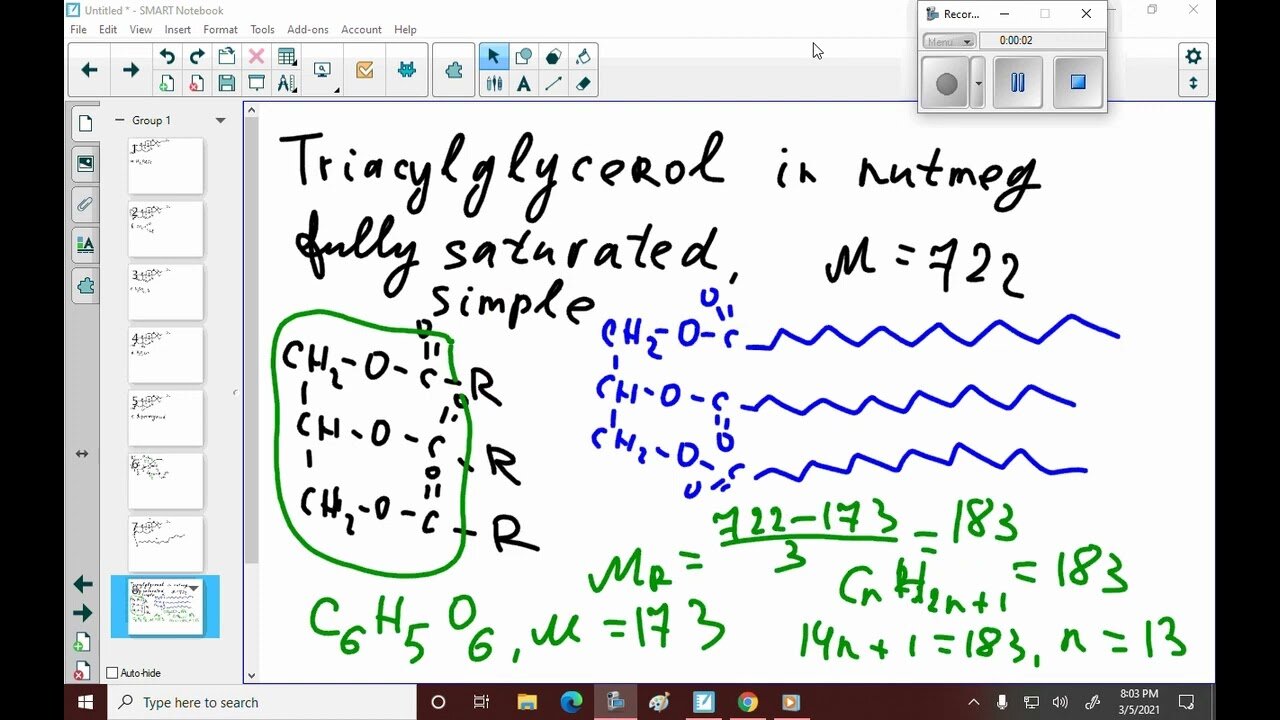 Nutmeg contains a simple, fully saturated triacylglycerol with a molecular weight of 722 . Draw its