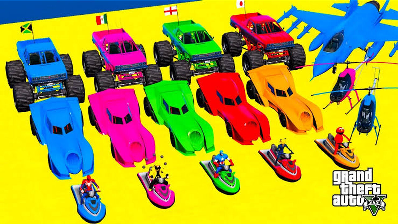 GTA V Mega Ramp Boats, Cars, Motorcycle with Trevor and Friends New Stunt Map Challenge