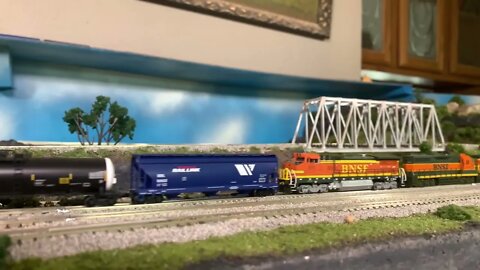 N Scale Dash 8s pulling a tank train