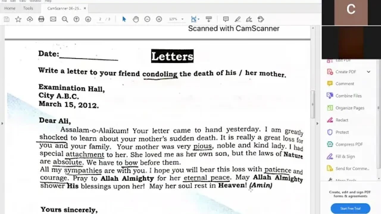 Class 7th English Letter of Condolence to friend 08 07 2020
