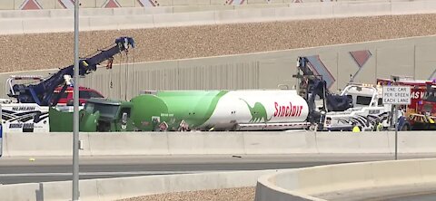 Overturned tanker truck halts traffic for hours on U.S. 95 at Decatur Boulevard