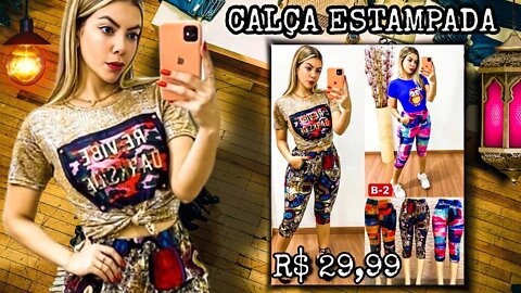 Calça Feminina Bermuda Estampada/ shopee