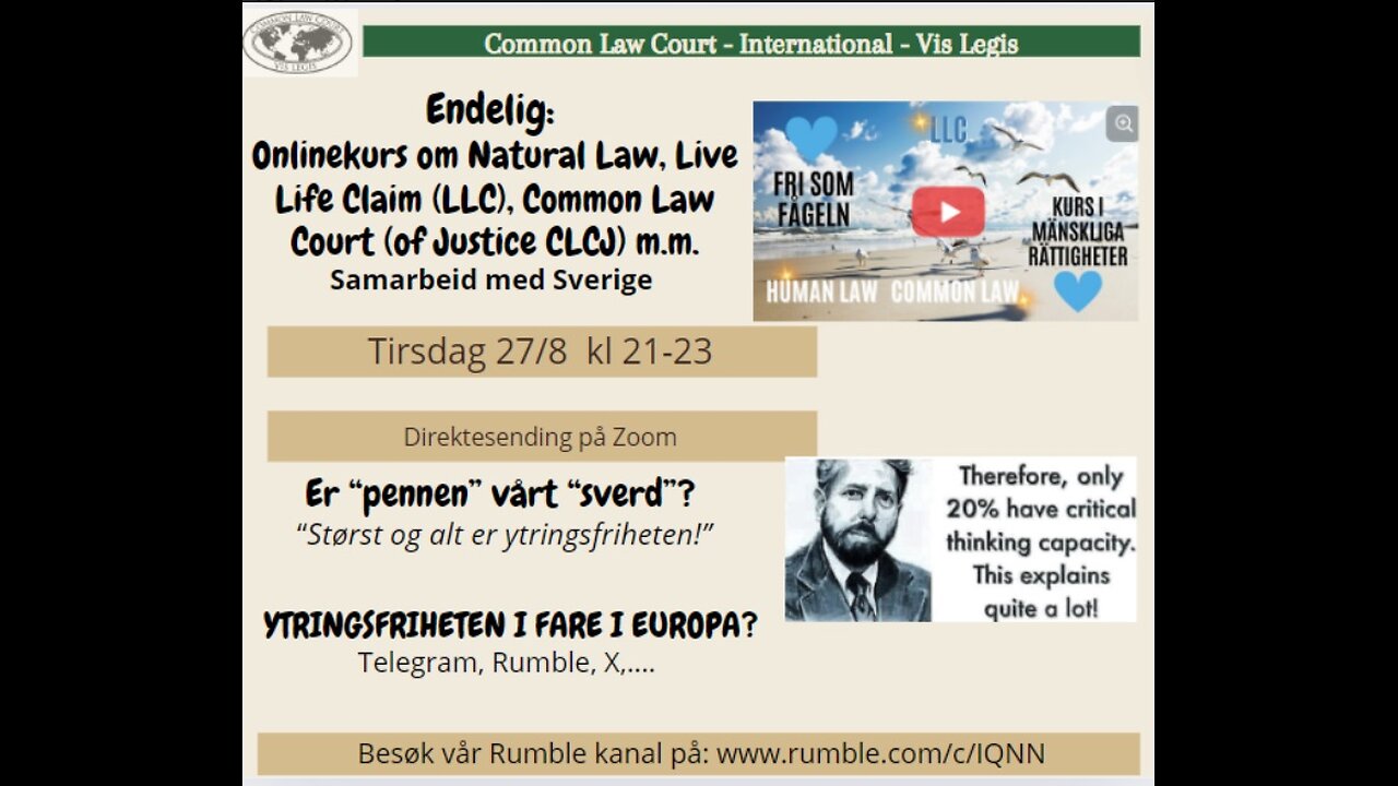 27.8.24: Online kurs om Natural Law, Live Life Claim og Common Law Court of Justice.