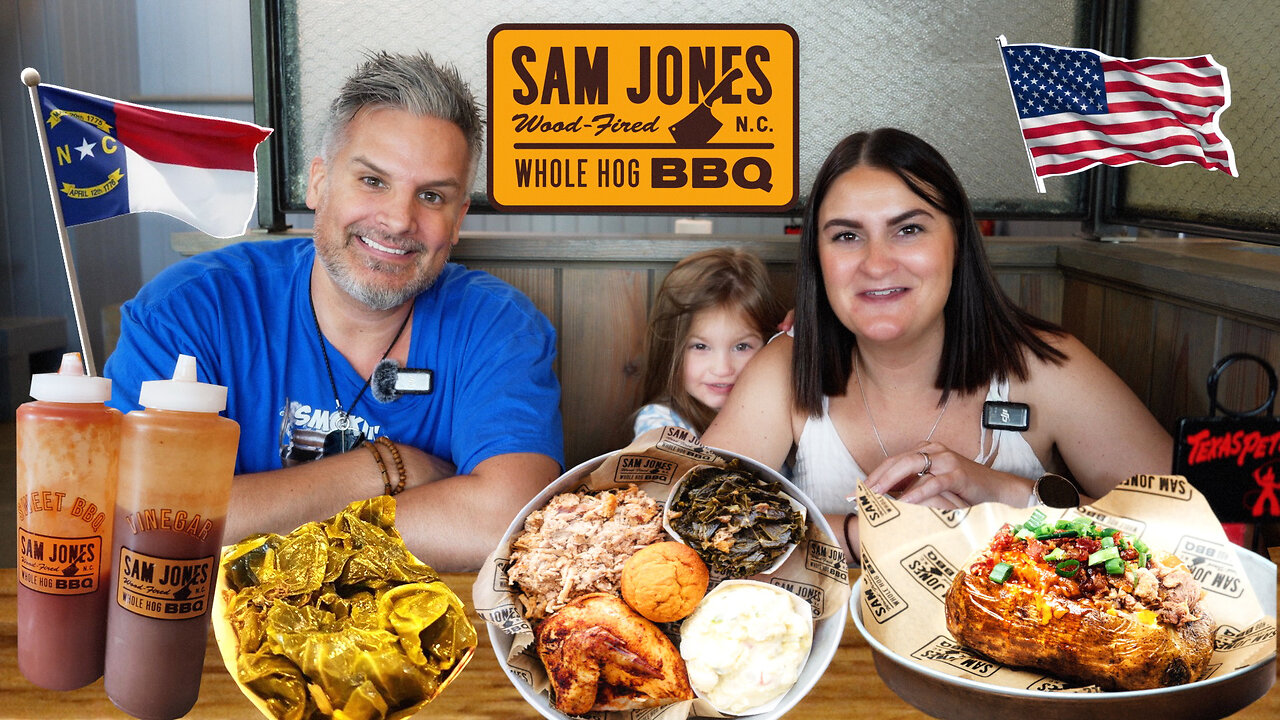 Brits Try SAM JONES BBQ for the first time ! North Carolina BBQ