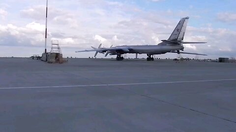 In this video, a flight exercise by several Tupolev Tu-95MS heavy bombers took off from the