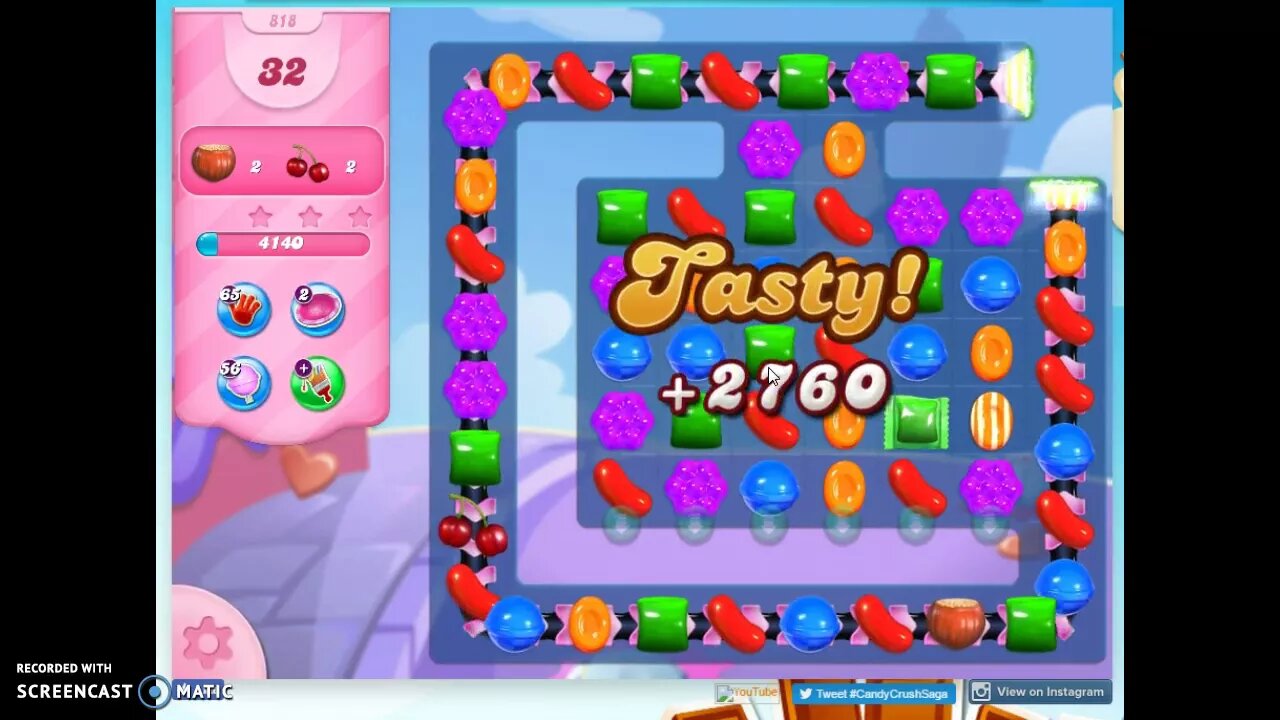 Candy Crush Level 818 Audio Talkthrough, 2 Stars 0 Boosters