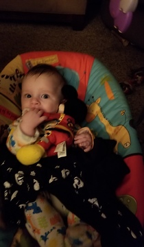 Baby talking to Mickey mouse