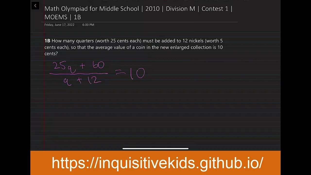 Math Olympiad for Middle School | 2010 | Division M | Contest 1 | MOEMS | 1B