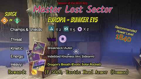 Destiny 2 Master Lost Sector: Europa - Bunker E15 on my Stasis Titan 2-28-24