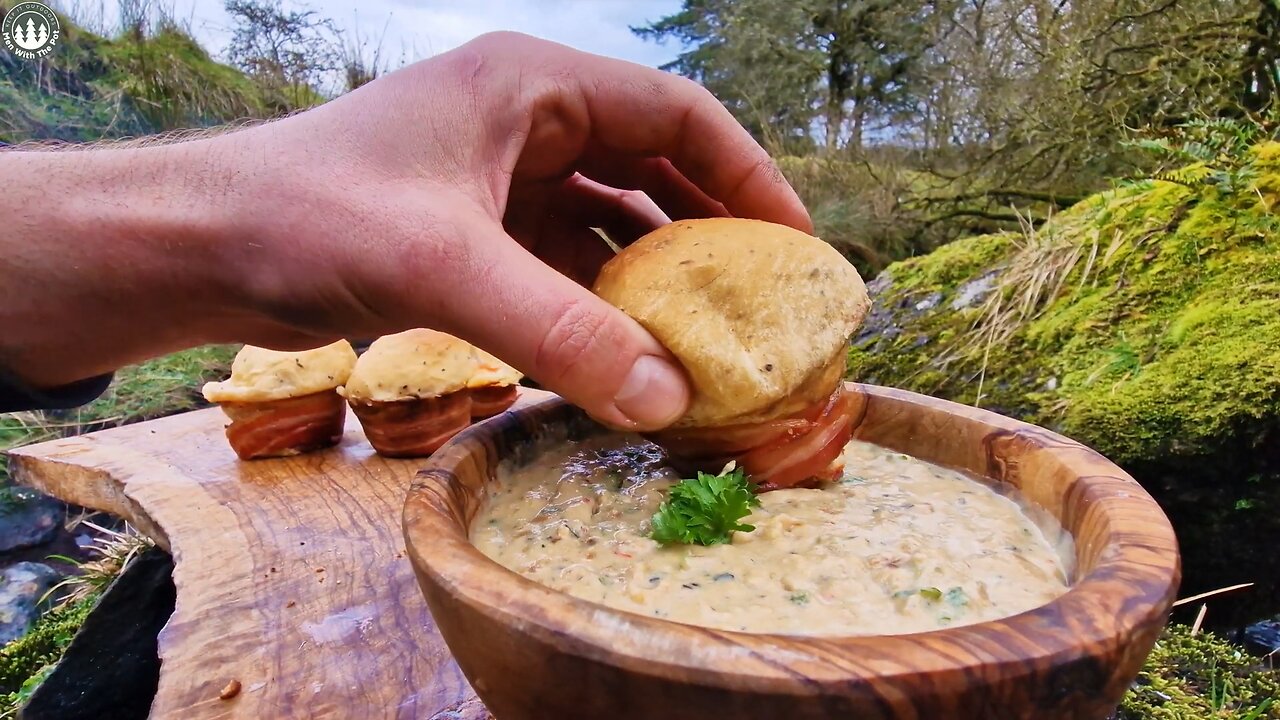 TASTY SNACK with BACON and CHEESE cooked outdoors Relaxing Sounds, Camping, Nature 4K