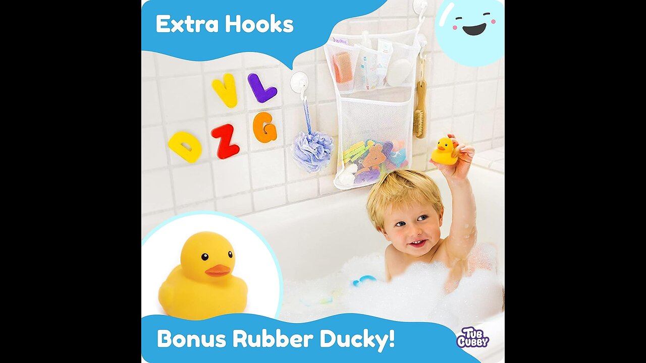 Mesh Net Shower Caddy for Kids Bathroom Decor, Bedroom & Car Toy Organizer-Bonus Rubber Duck & Hooks