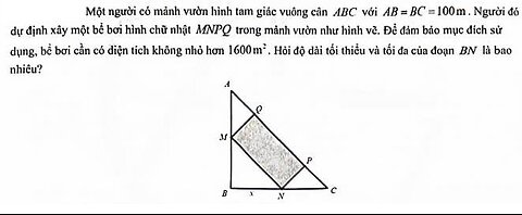 Một người có mảnh vườn hình tam giác vuông cân ABC với AB=BC=100m 1. Người đó dự