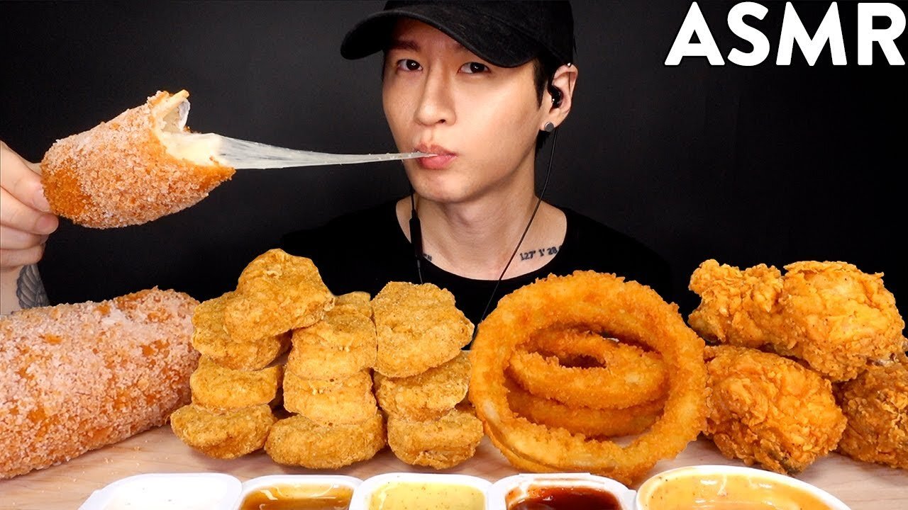 MOST POPULAR FOOD FOR ASMR (KFC, ONION RINGS, MOZZARELLA CORN DOG, CHICKEN NUGGETS) NO TALKING