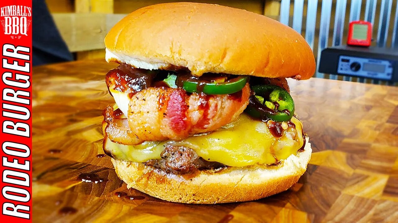 Rodeo Burger with Bacon Wrapped Onion Rings on Charcoal Grill