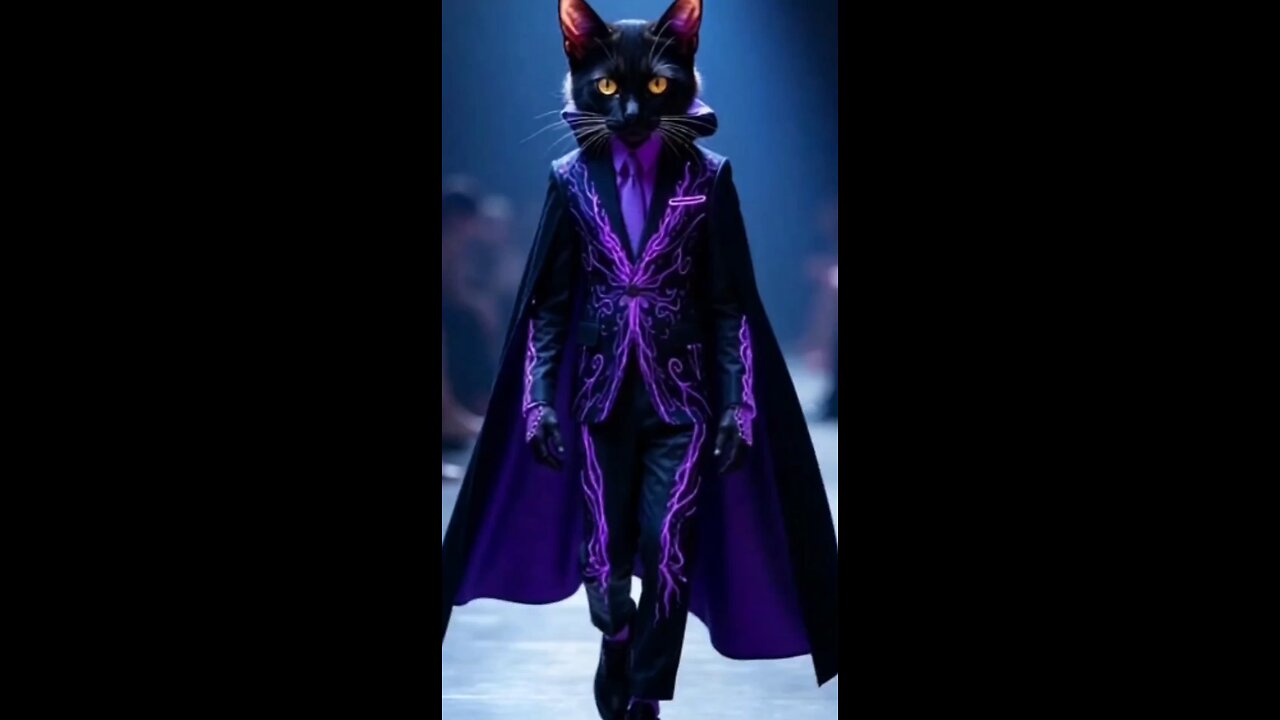 "Baby Thor, Batman, and Venom slay the runway in violet and black suits with adorable cat faces!"