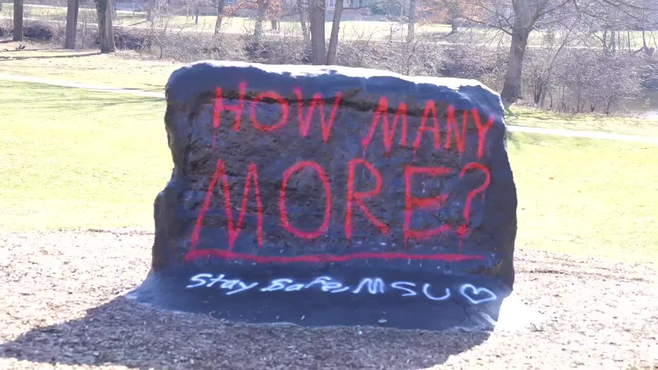 How Many More? Stay Safe MSU. The new sayings sprayed across MSU's "The Rock"