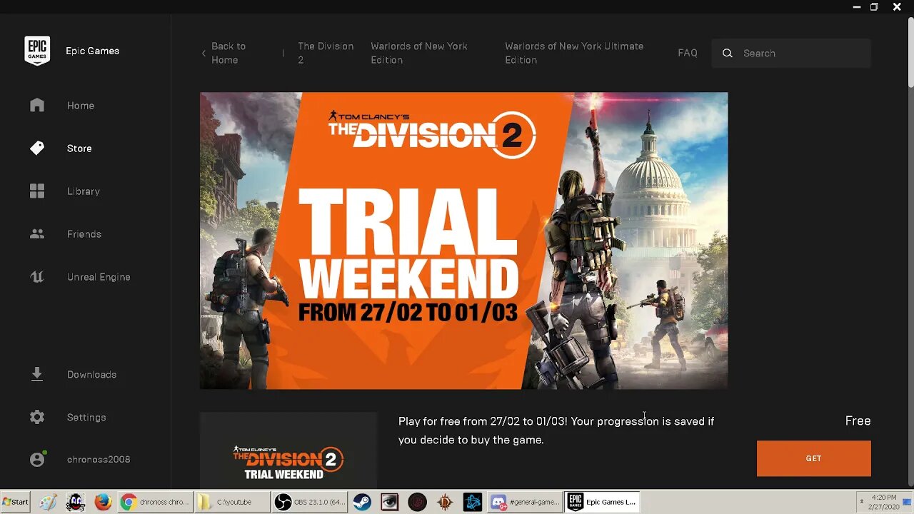 2020 Today till march 1st Division 2 from Ubisoft is free to play and discounted to buy after