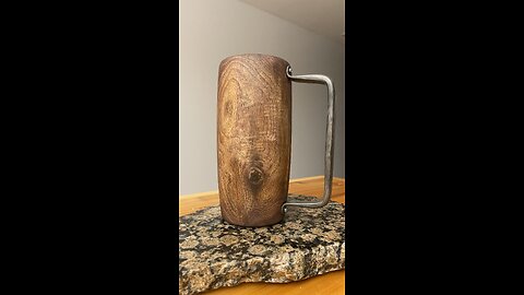 Walnut beer mug with damascus steel handle