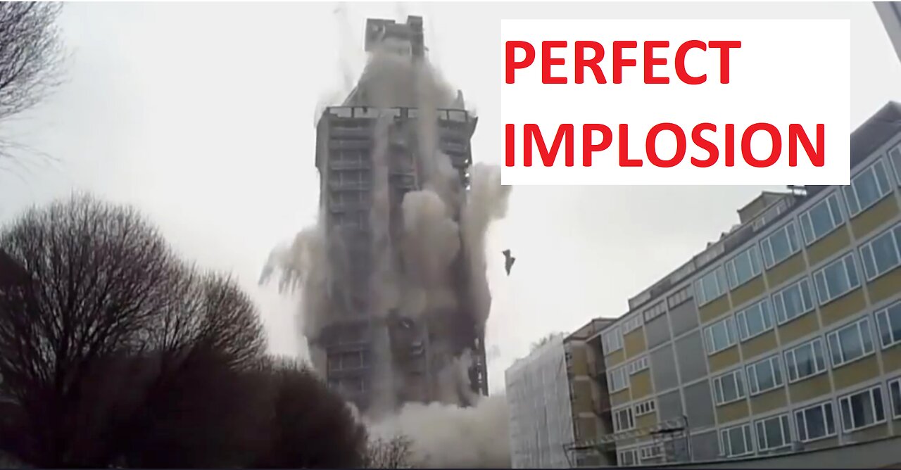 High-rise apartment block implodes, filmed from 4 angles.