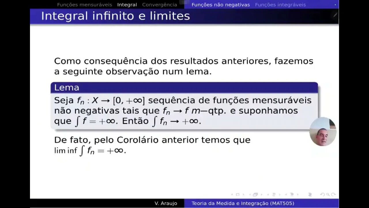 Medida e Integração: Lema de Fatou: integral do liminf. Limites e integral infinito.