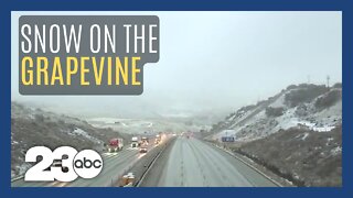 Snow on I-5 and Grapevine following winter storm