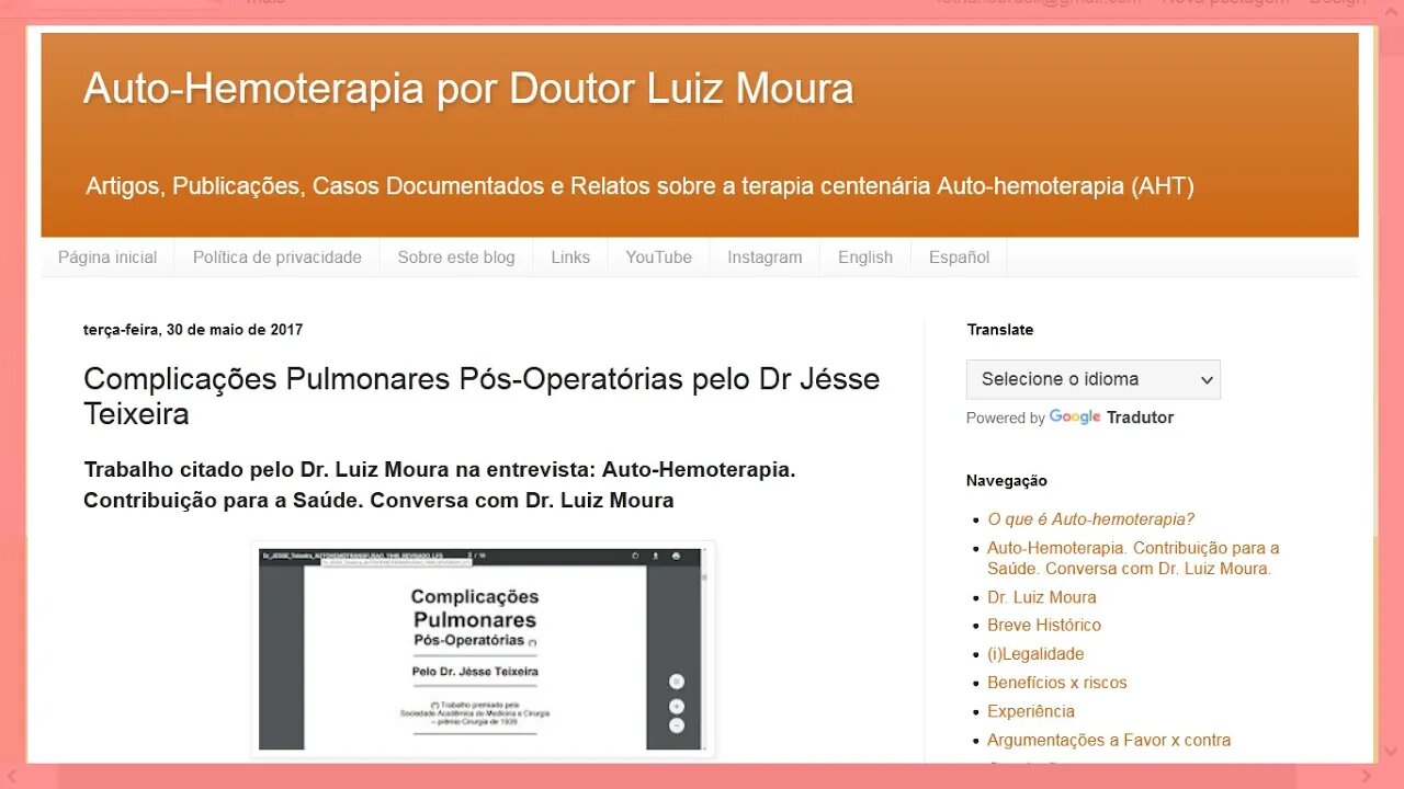 Auto-hemoterapia Estudo Cientíifico - Complicações Pulmonares Pós-Operatórias pelo Dr Jésse Teixeira