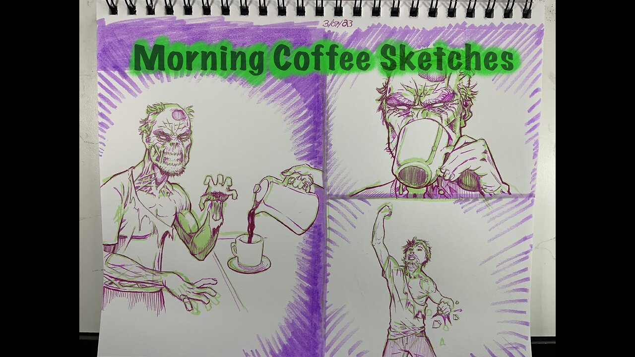 Sketchbook Drawing of a Zombie Drinking Coffee