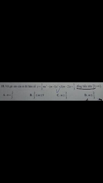 Với giá trị nào của m thì hàm số y=1/3mx^3-(m-1)x^2+3(m-2)x+1/3 đồng biến [2;+∞)