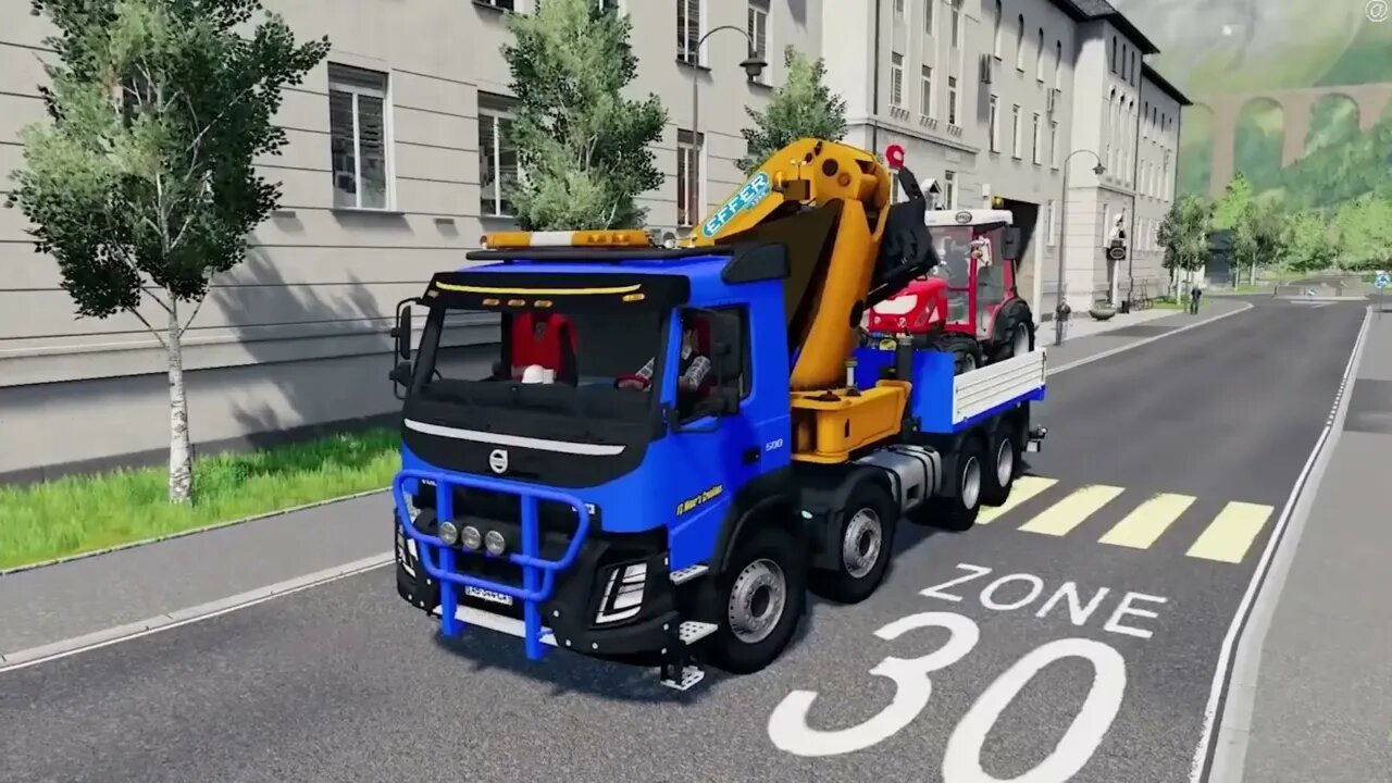 Car animation: Flatbed truck carrying tractor falls into river, excavator and harvester start rescue