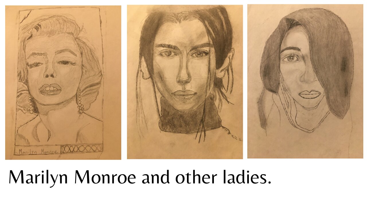 Showing some old drawings of marilyn monroe and other ladies.