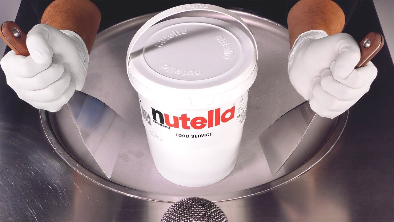 Massive Nutella Bucket Ice Cream Rolls | making Ice Cream out of Chocolate Hazelnut Spread - ASMR