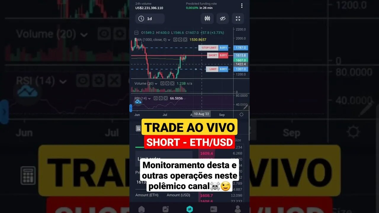 TRADE AO VIVO SHORT ETHEREUM ETH/USD FUTUROS FUTURES OPERAÇÃO AO VIVO FTX BINANCE SWINGTRADE CRIPTO