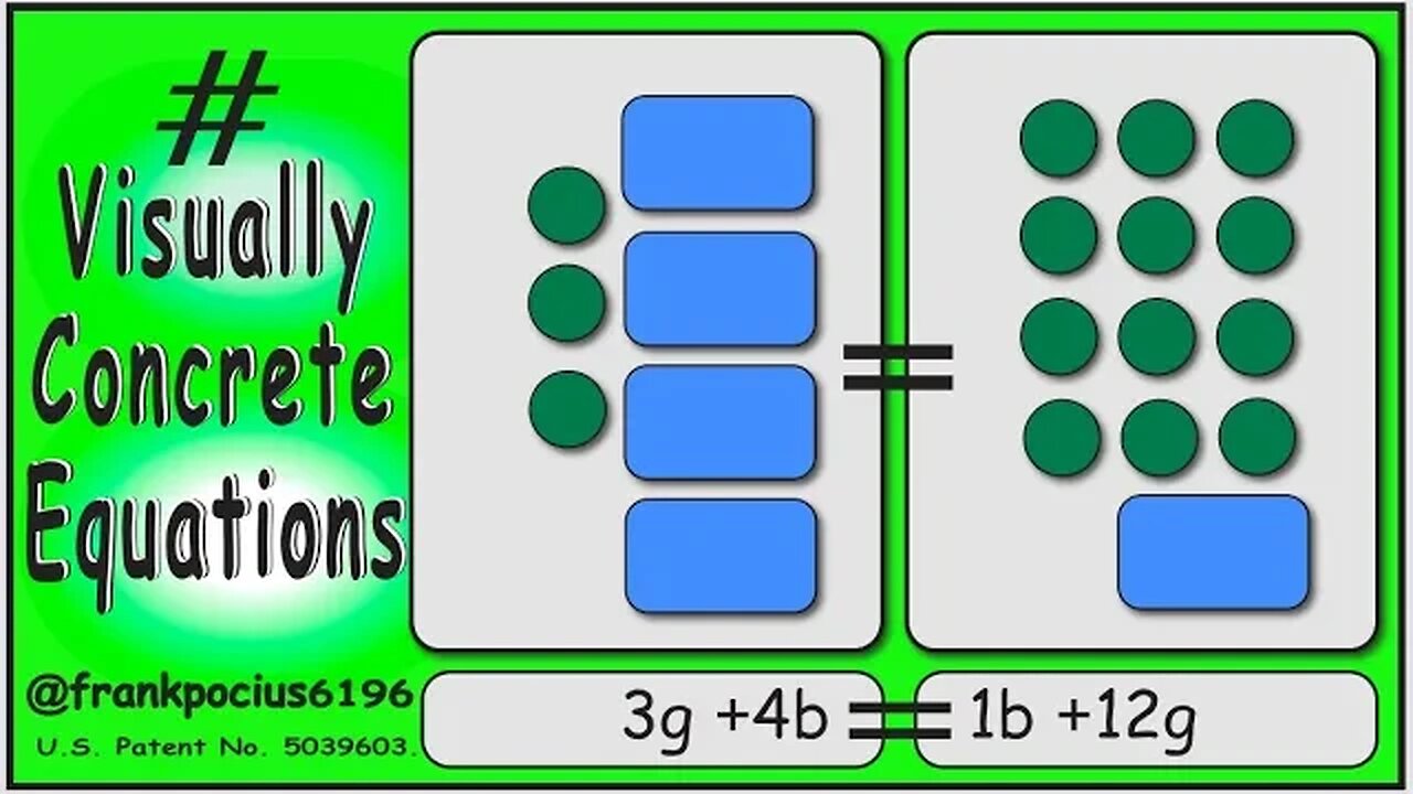 VISUAL EQUATION _ 3g +4b. = 12g +1b _ SOLVING BASIC EQUATIONS _ SOLVING BASIC WORD PROBLEMS