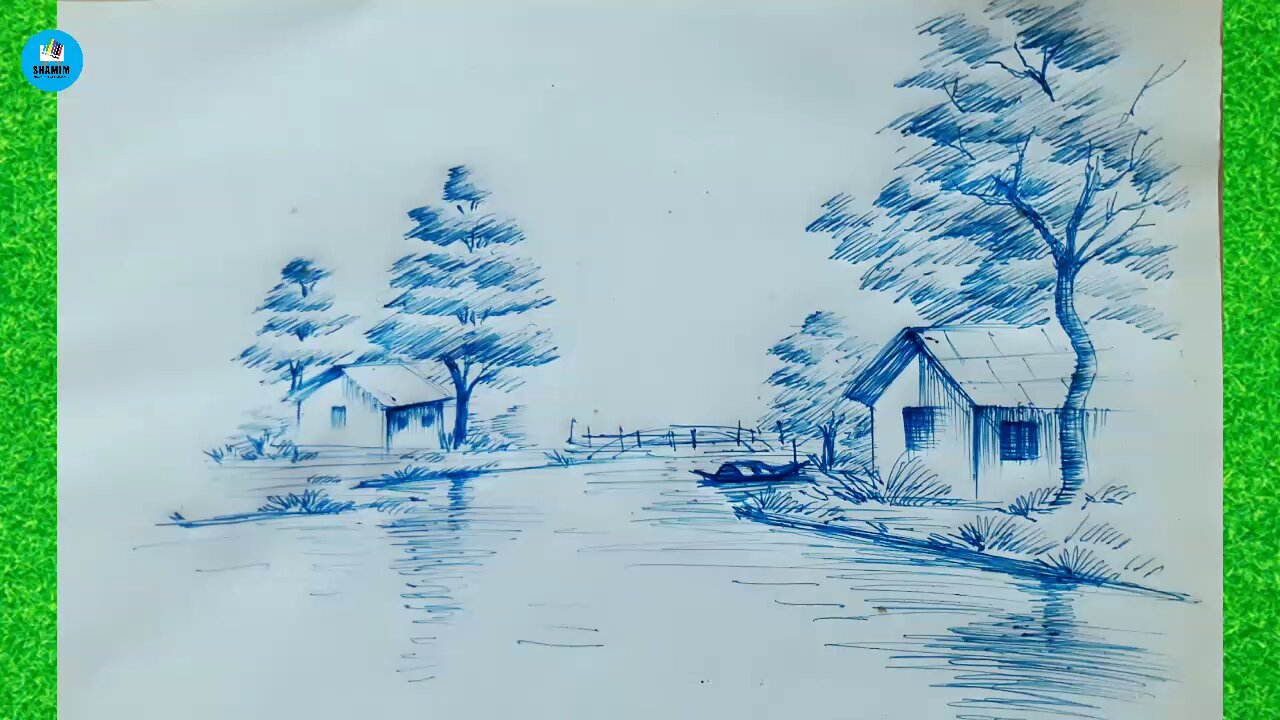 How to draw a village Landscape with pen sketch | Drawing Tutorial