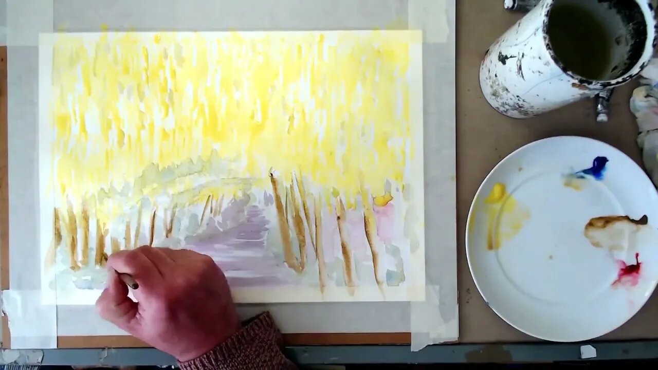 Watercolor demo Laburnum arch at Bodnant Gardens by David J Walker.
