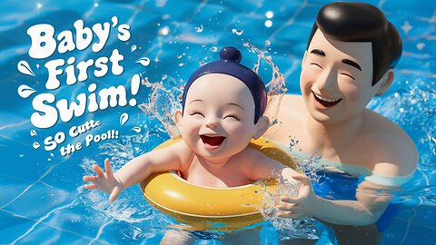 Baby learn to swim with his father