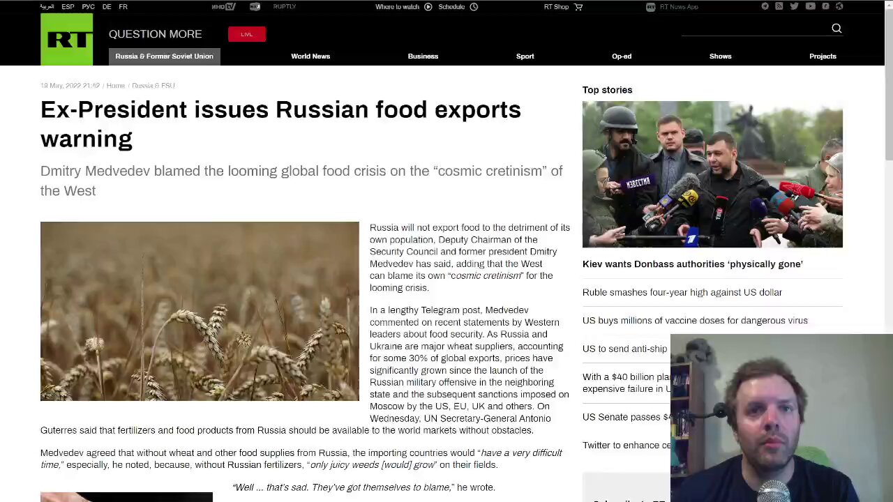 Ex-Russian President issues Russian food exports warning