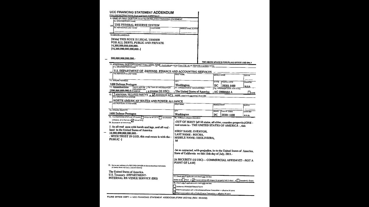 $14,000,000,000,000 Dollar Us Treasury Lien On Federal Reserve