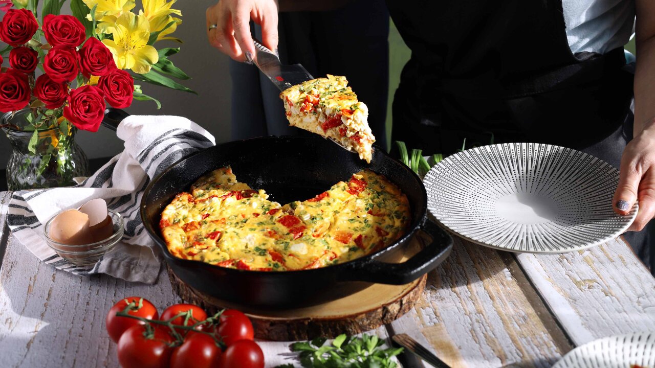 Frittata with Roasted Peppers and Feta.