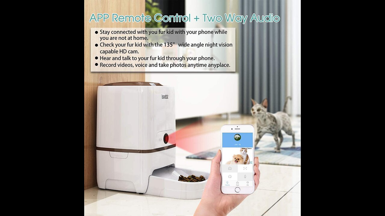 Iseebiz Automatic Pet Feeder with Camera, 6L App Control Smart Feeder Cat Dog Food Dispenser, 2...