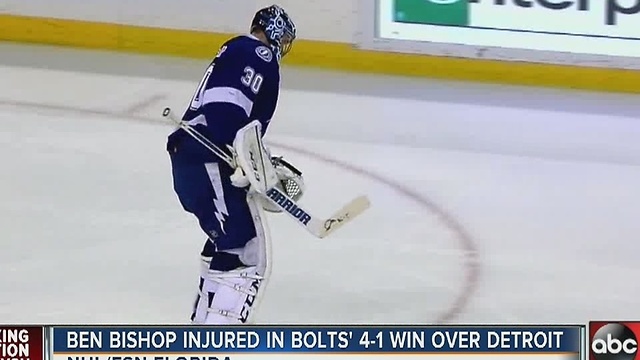 Tampa Bay's Ben Bishop leaves game with injury, Lightning beat Red Wings 4-1