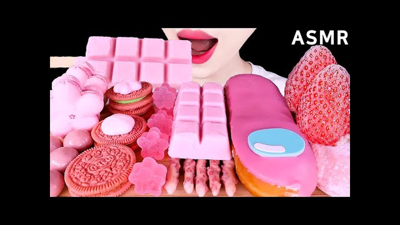 ASMR PINK CHOCOLATE, MACARON, ICE CREAM, FROZEN FRUITS, DONUTS, SNACK EATING SOUNDS MUKBANG